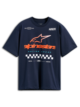 Alpinestars Aplomb Oversized CSF Tee, Kurzarm-T-Shirt, Navyblau, großes orangefarbenes Alpinestars-Logo mit gestreiftem Stern und Zielflaggen-Detail, lässige Motorsport-Streetwear