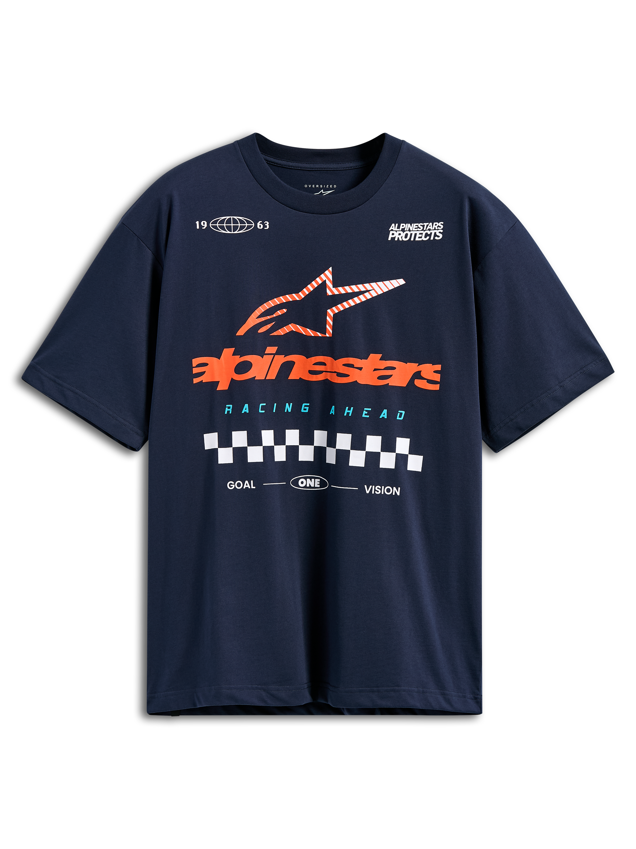 Alpinestars Aplomb Oversized CSF Tee, Kurzarm-T-Shirt, Navyblau, großes orangefarbenes Alpinestars-Logo mit gestreiftem Stern und Zielflaggen-Detail, lässige Motorsport-Streetwear