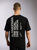 Alpinestars One Oversized CSF Tee, Kurzarm-T-Shirt, Schwarz, Rückansicht mit großem vertikalem weißem „ALPINESTARS ONE GOAL. ONE VISION.“ Schriftzug und Markenlogos, lässige Motorsport-Streetwear