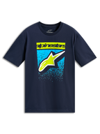 Alpinestars Noka CSF Tee, kurzärmeliges T-Shirt, Navyblau, limettengrüner Schriftzug und Astars-Logo mit blauer Grafik mit Farbverlauf, lässige Motorsport-Streetwear