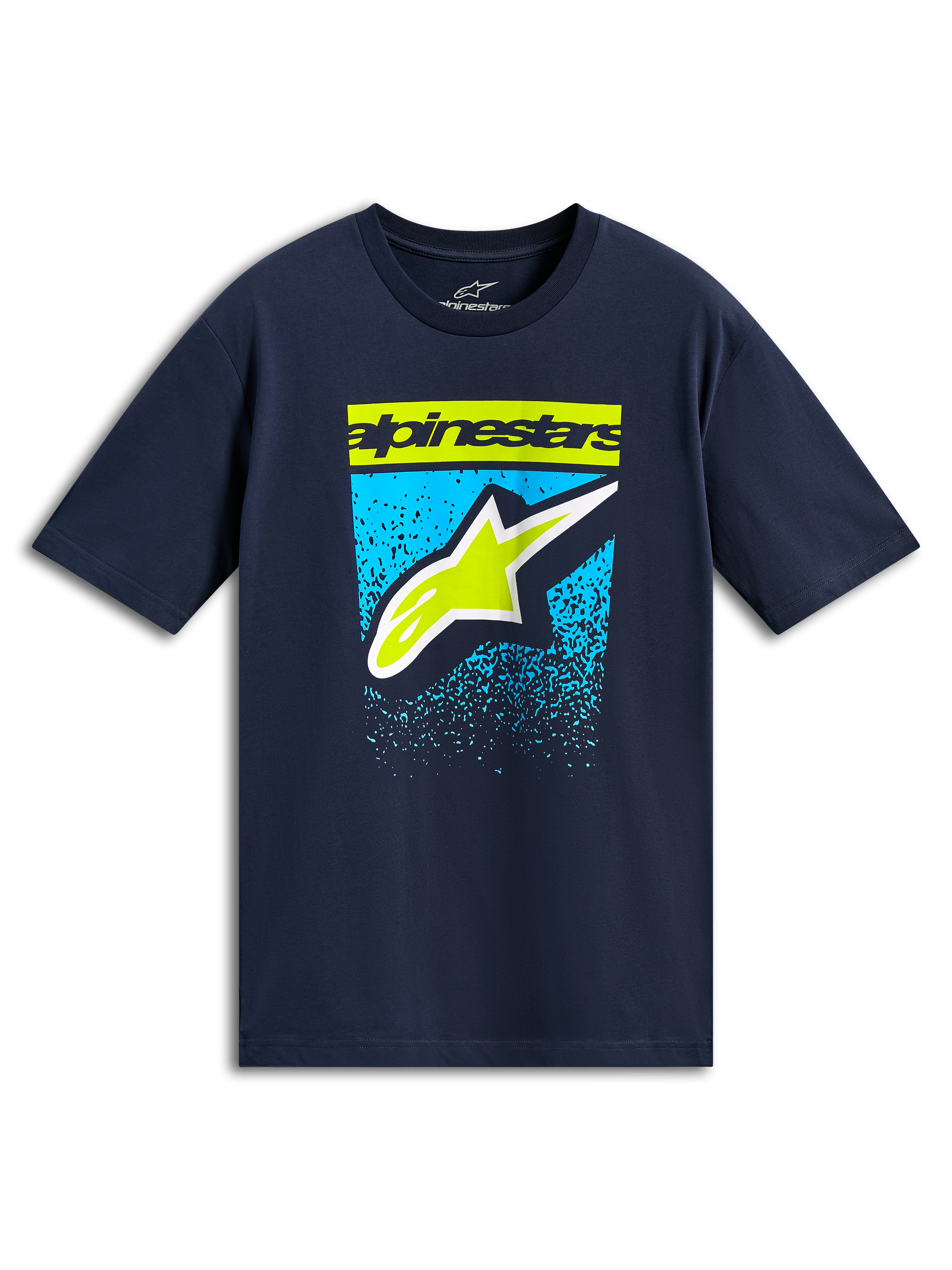 Alpinestars Noka CSF Tee, Short Sleeve T-Shirt, Navy, Lime Green Wordmark and Astars Logo with Blue Gradient Graphic, Casual Motorsport Streetwear