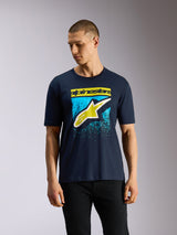 Alpinestars Noka CSF Tee, Short Sleeve T-Shirt, Navy Blue, Front Astars Logo with Yellow and Light Blue MX Gradation Print, Casual Motorsport Streetwear