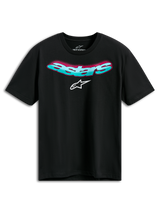Alpinestars Ellipsoid CSF Tee, kurzärmeliges T-Shirt, Schwarz, gebogener türkisfarbener Astars-Schriftzug mit rosa Farbverlauf und weißem Logo, Casual Motorsport Sportswear
