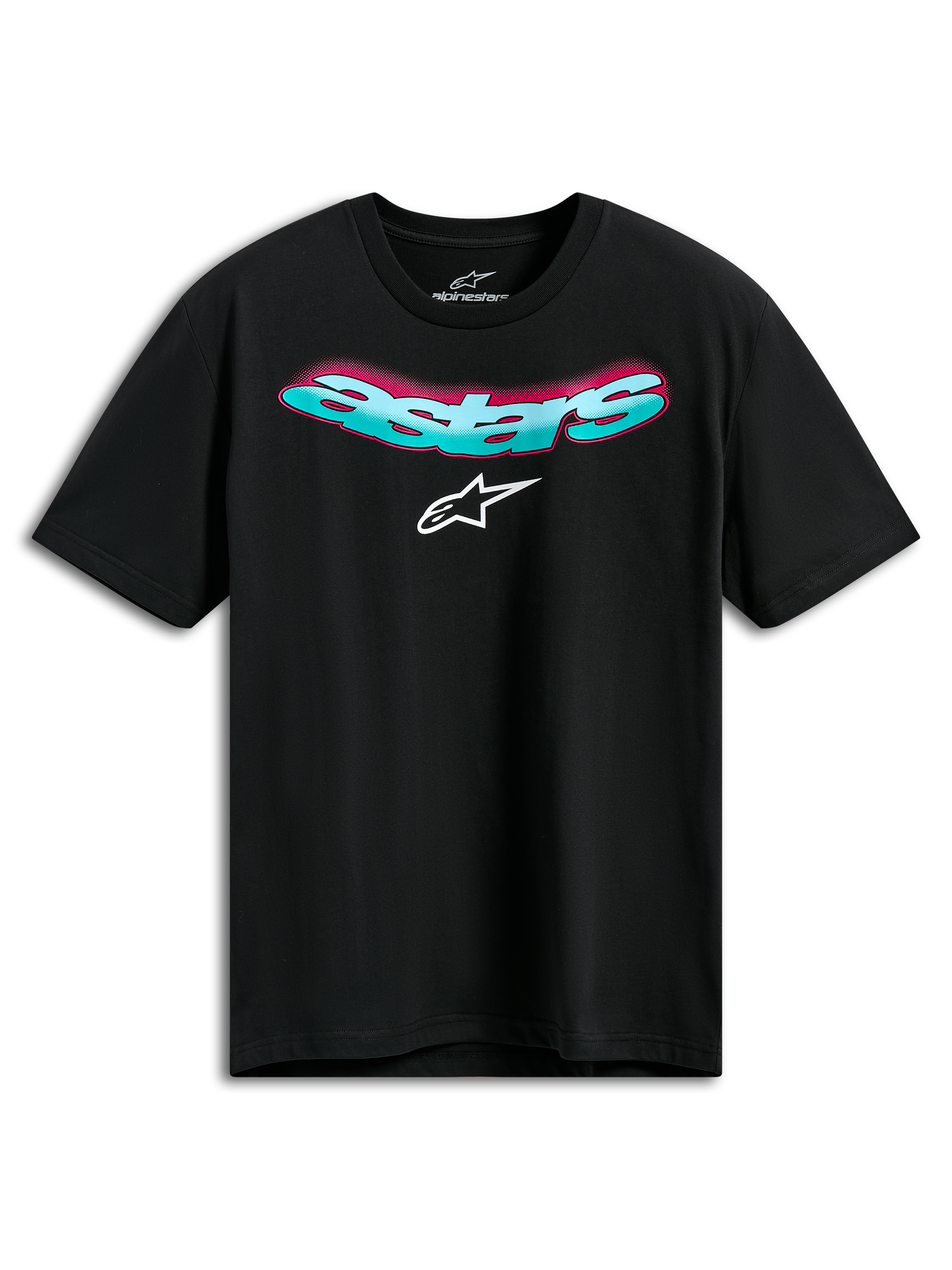 Alpinestars Ellipsoid CSF Tee, kurzärmeliges T-Shirt, Schwarz, gebogener türkisfarbener Astars-Schriftzug mit rosa Farbverlauf und weißem Logo, Casual Motorsport Sportswear