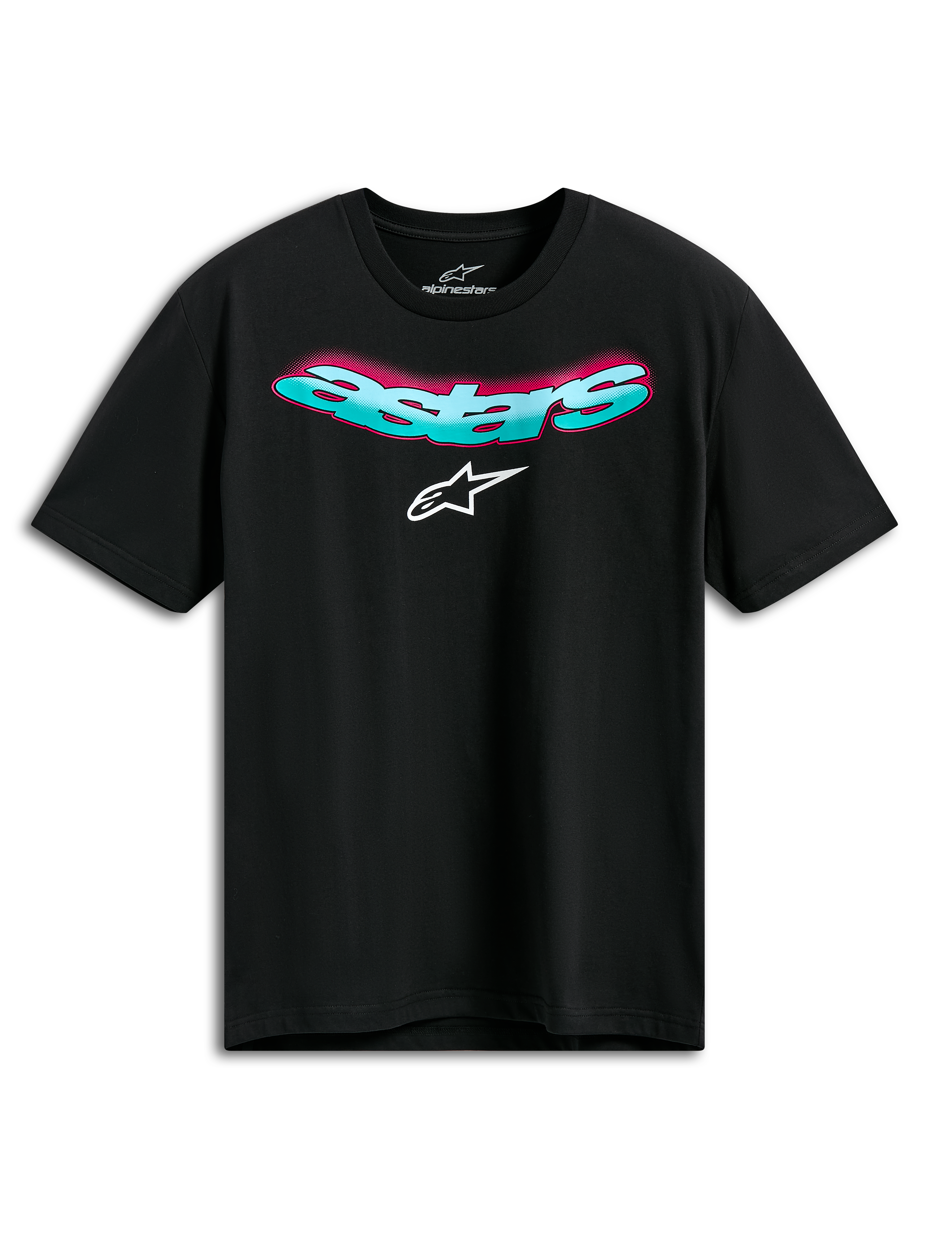 Alpinestars Ellipsoid CSF Tee, Short Sleeve T-Shirt, Black, curved teal Astars wordmark with pink gradient and white logo, Casual Motorsport Sportswear