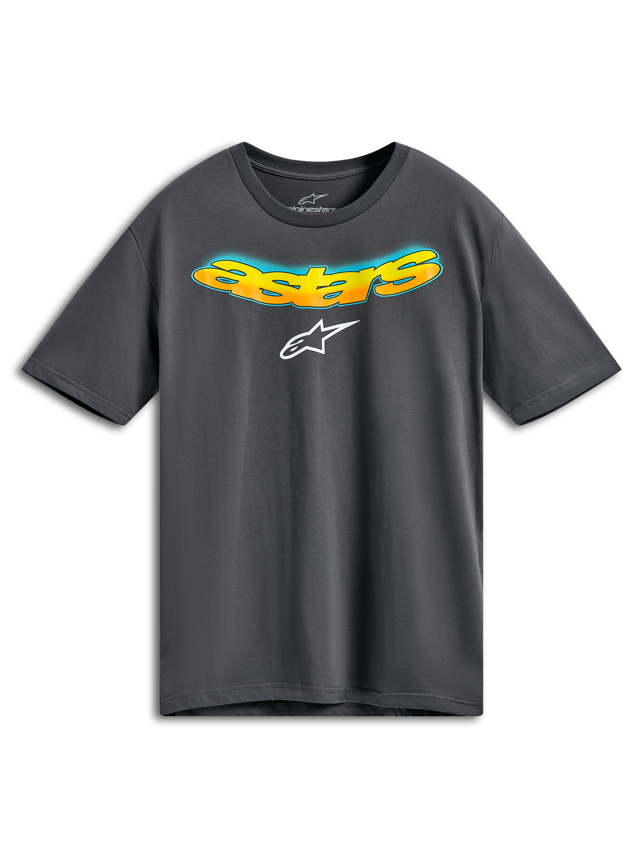 Alpinestars Ellipsoid CSF Tee, Kurzarm-T-Shirt, Anthrazitgrau, vorne gebogener Astars-Schriftzug mit orangefarbenem und gelbem Farbverlauf sowie blauen Halbtondetails, weißes Alpinestars-Logo, lässige Sportbekleidung