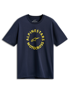 Alpinestars MX CSF Tee, Kurzarm-T-Shirt, Navy Blau, gelbe kreisförmige Alpinestars Motocross-Grafik, lässige Motorsport-Streetwear