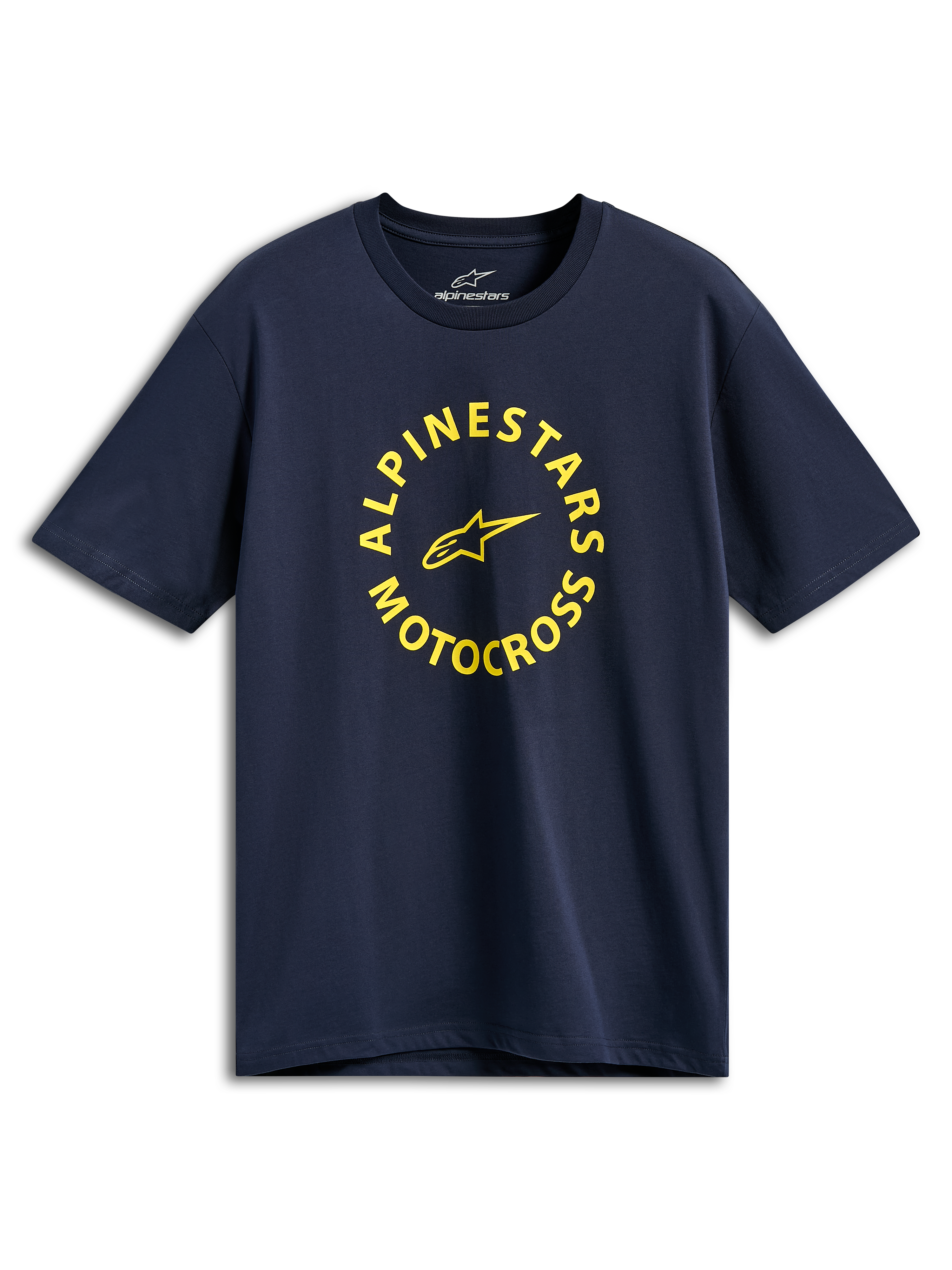 Alpinestars MX CSF Tee, Kurzarm-T-Shirt, Navy Blau, gelbe kreisförmige Alpinestars Motocross-Grafik, lässige Motorsport-Streetwear