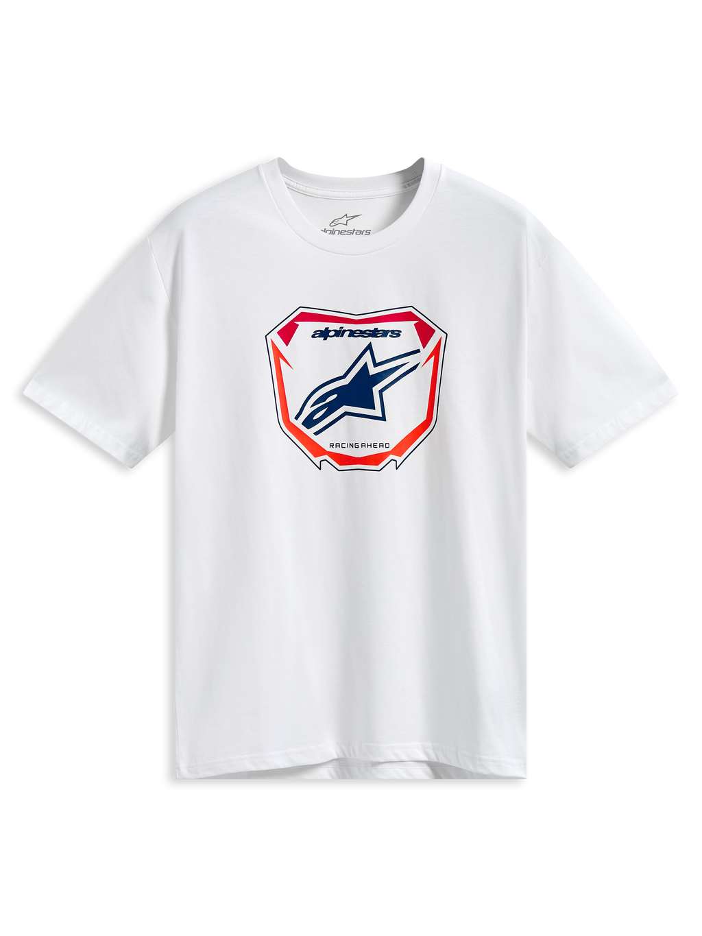Alpinestars Plate CSF Tee, Kurzarm-T-Shirt, Weiß, zentrale MX-Plattengrafik mit blauem Astars-Logo sowie roten und orangefarbenen Akzenten, lässige Motorsport-Streetwear