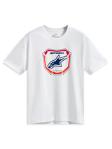 Alpinestars Plate CSF Tee, Kurzarm-T-Shirt, Weiß, zentrale MX-Plattengrafik mit blauem Astars-Logo sowie roten und orangefarbenen Akzenten, lässige Motorsport-Streetwear
