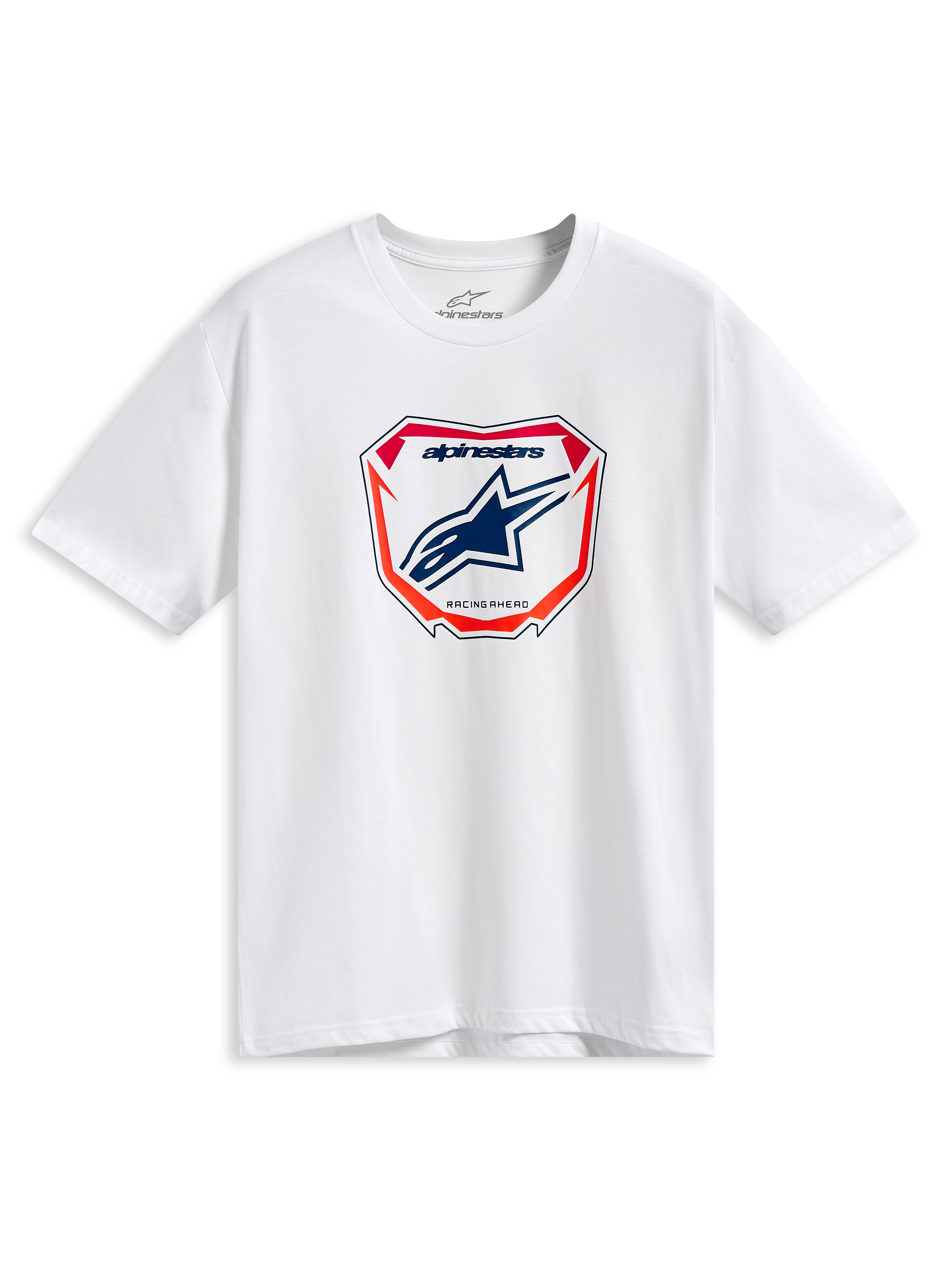 Alpinestars Plate CSF Tee, Kurzarm-T-Shirt, Weiß, zentrale MX-Plattengrafik mit blauem Astars-Logo sowie roten und orangefarbenen Akzenten, lässige Motorsport-Streetwear