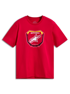Alpinestars Plate CSF Tee, Kurzarm-T-Shirt, Rot, MX-Platten-Grafik auf der Vorderseite mit weißem Astars-Logo und „Racing Ahead“-Schriftzug, lässige Motorsport-Sportbekleidung