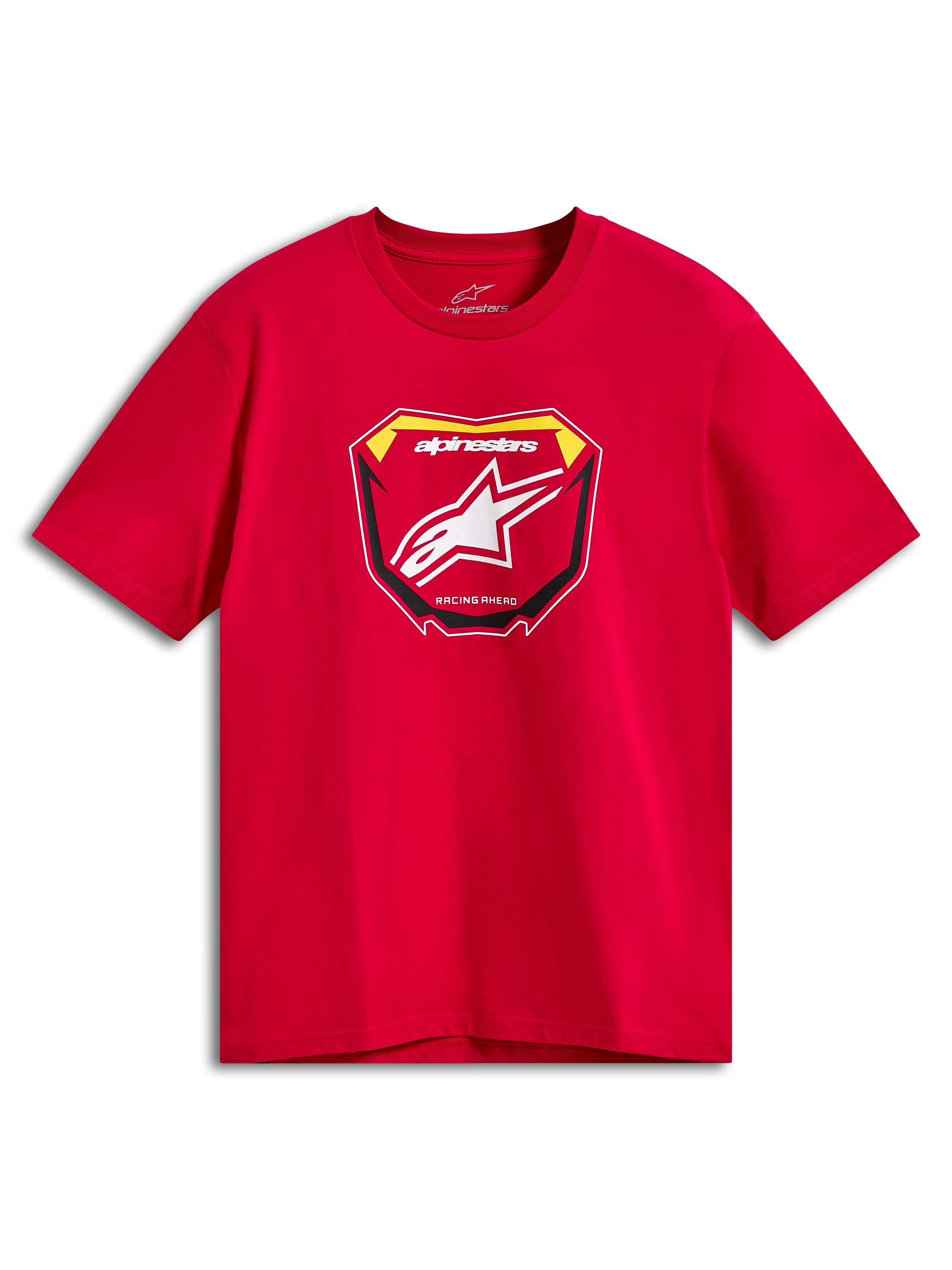 Alpinestars Plate CSF Tee, Kurzarm-T-Shirt, Rot, MX-Platten-Grafik auf der Vorderseite mit weißem Astars-Logo und „Racing Ahead“-Schriftzug, lässige Motorsport-Sportbekleidung