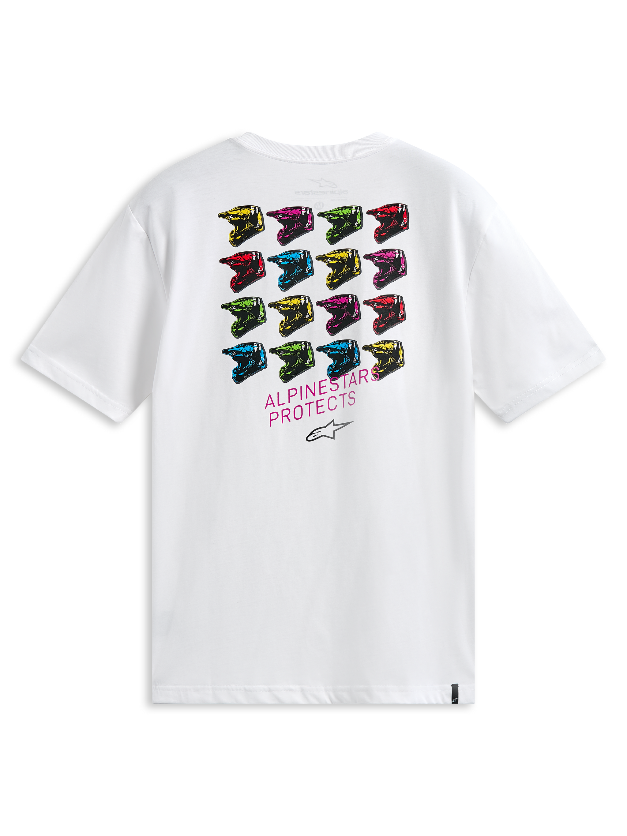 Alpinestars Pop Helmet CSF T-Shirt, Kurzarm-T-Shirt, Weiß, Rückansicht mit einem Raster aus mehrfarbigen M10-Helmen und „ALPINESTARS PROTECTS“-Schriftzug, lässige vom Motorsport inspirierte Streetwear
