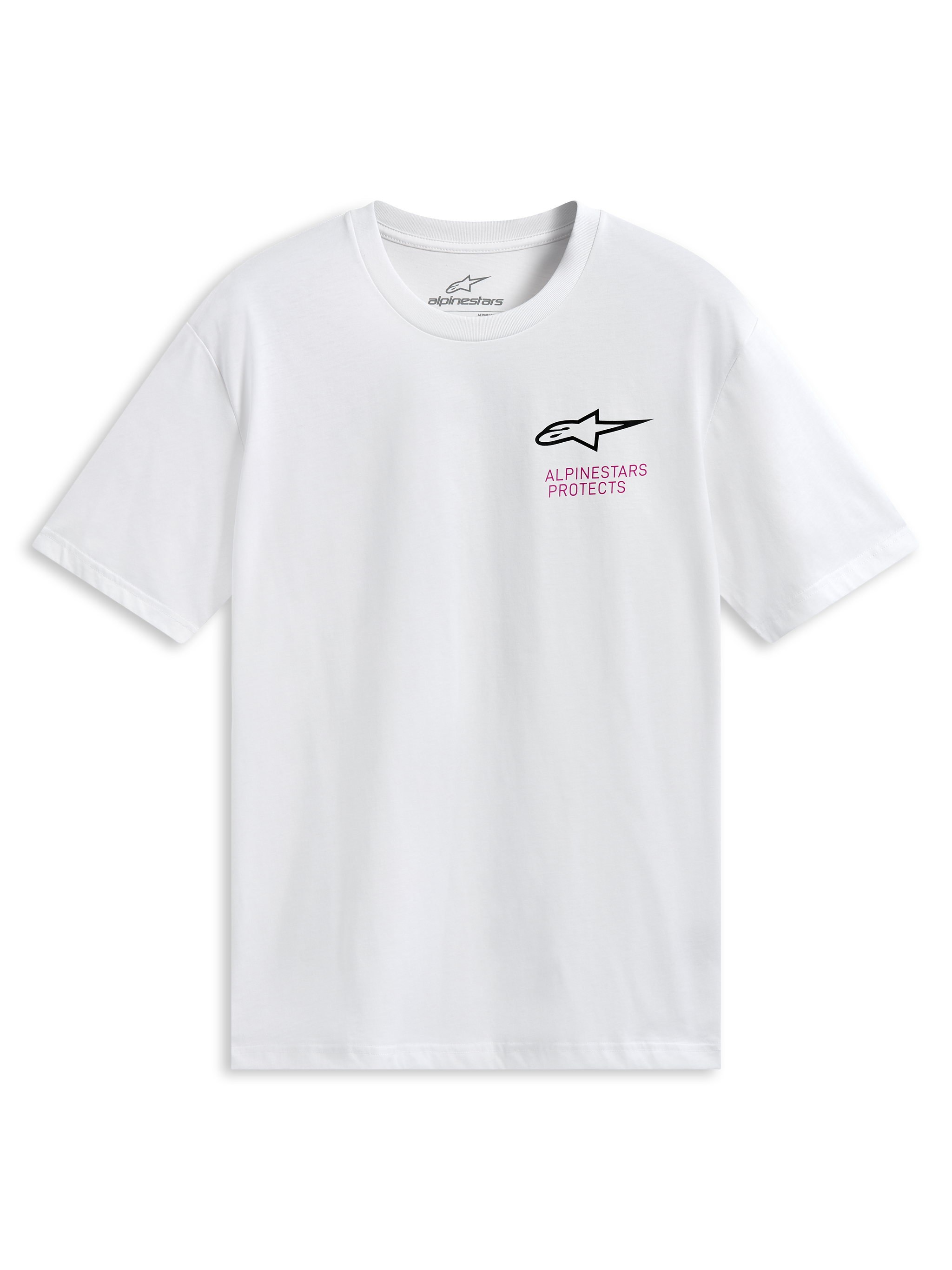 Alpinestars Pop Helmet CSF Tee, Kurzarm-T-Shirt, Weiß, mit Astars-Logo auf der Vorderseite und farbenfroher M10-Helm-Grafik auf der Rückseite, lässige Motorsport-Sportbekleidung