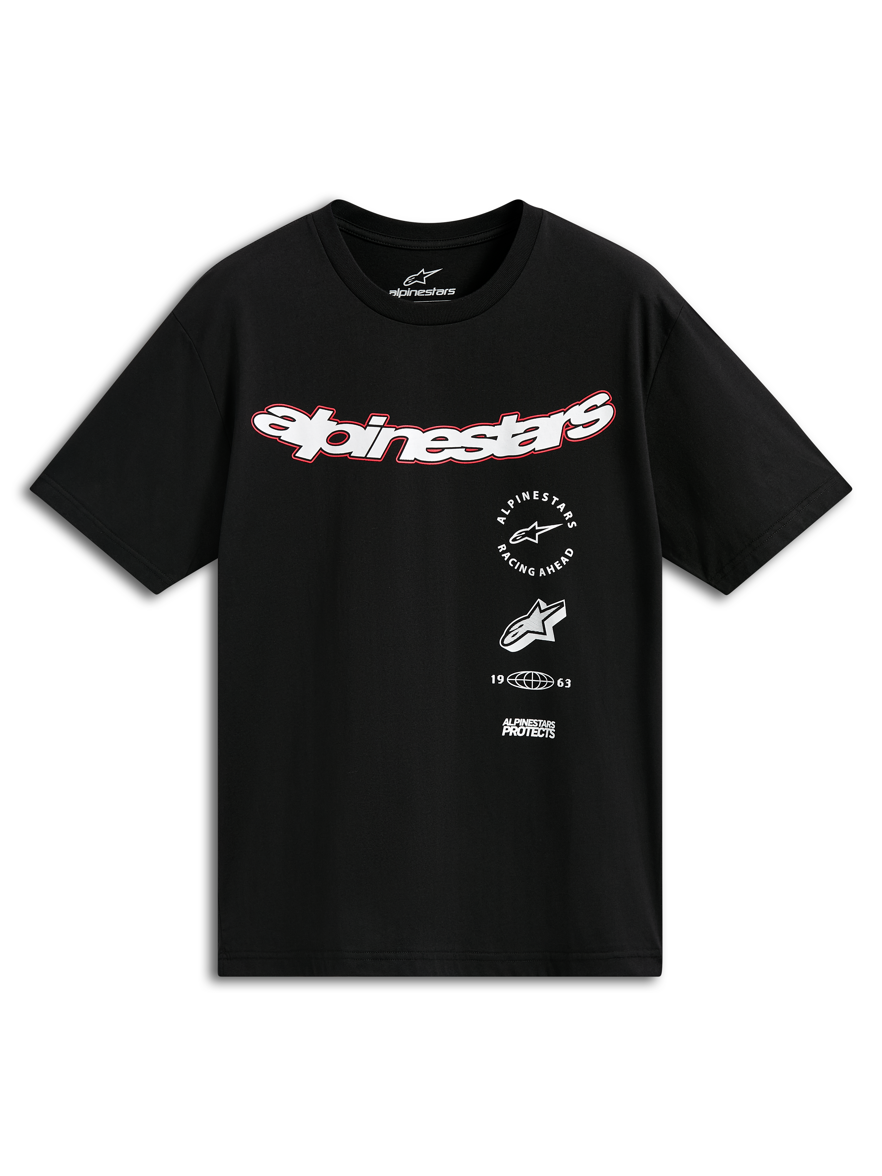 Alpinestars Abus CSF Tee, Short Sleeve T-Shirt, Black, Curved White Alpinestars Logo with Red Outline, Multi-Stacked Graphics including Racing Ahead and 1963, Casual Motorsport Streetwear