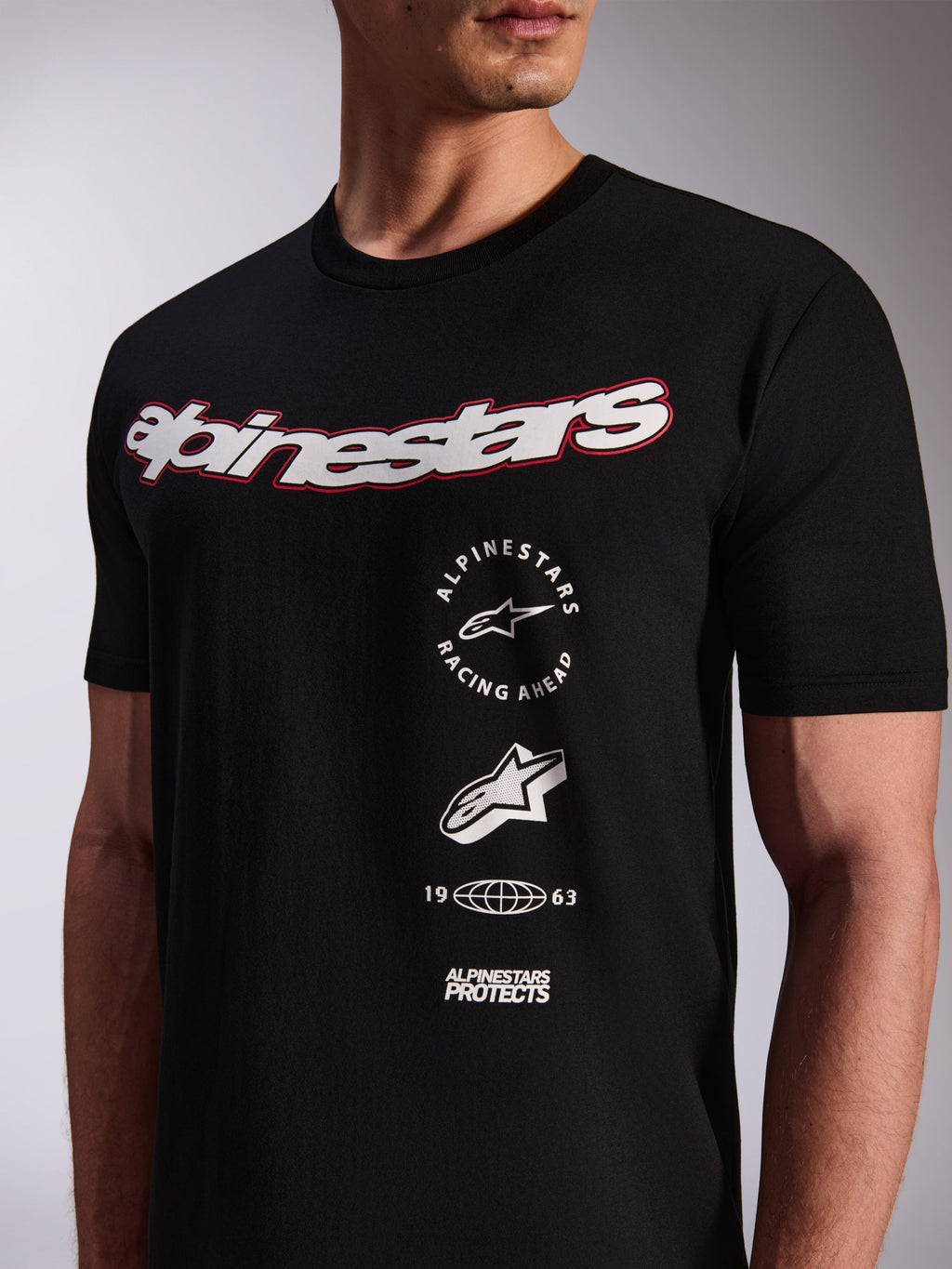 Alpinestars Abus CSF Tee, Short Sleeve T-Shirt, Black, Large White Chest Logo with Red Outline, Vertical Multi-Stacked Graphic Logos, Casual Motorsport Streetwear