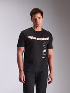 Alpinestars Abus CSF Tee, Short Sleeve T-Shirt, Black, White Alpinestars Curved Logo with Red Outline, Stacked Side Graphics, Casual Motorsport Streetwear