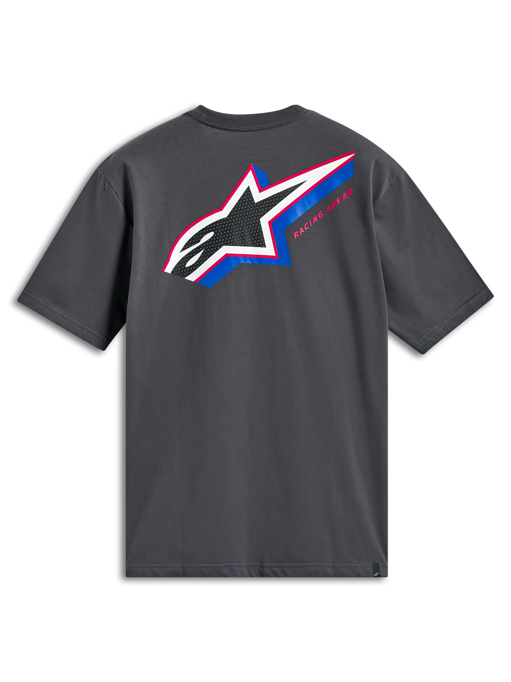 Alpinestars Angler CSF Tee, Kurzarm-T-Shirt, Anthrazitgrau, Rückansicht mit großem mehrfarbigem Astars-Logo mit perforierter Füllung, blauen und pinken Akzenten und „Racing Ahead“-Schriftzug, lässige Motorsport-Streetwear