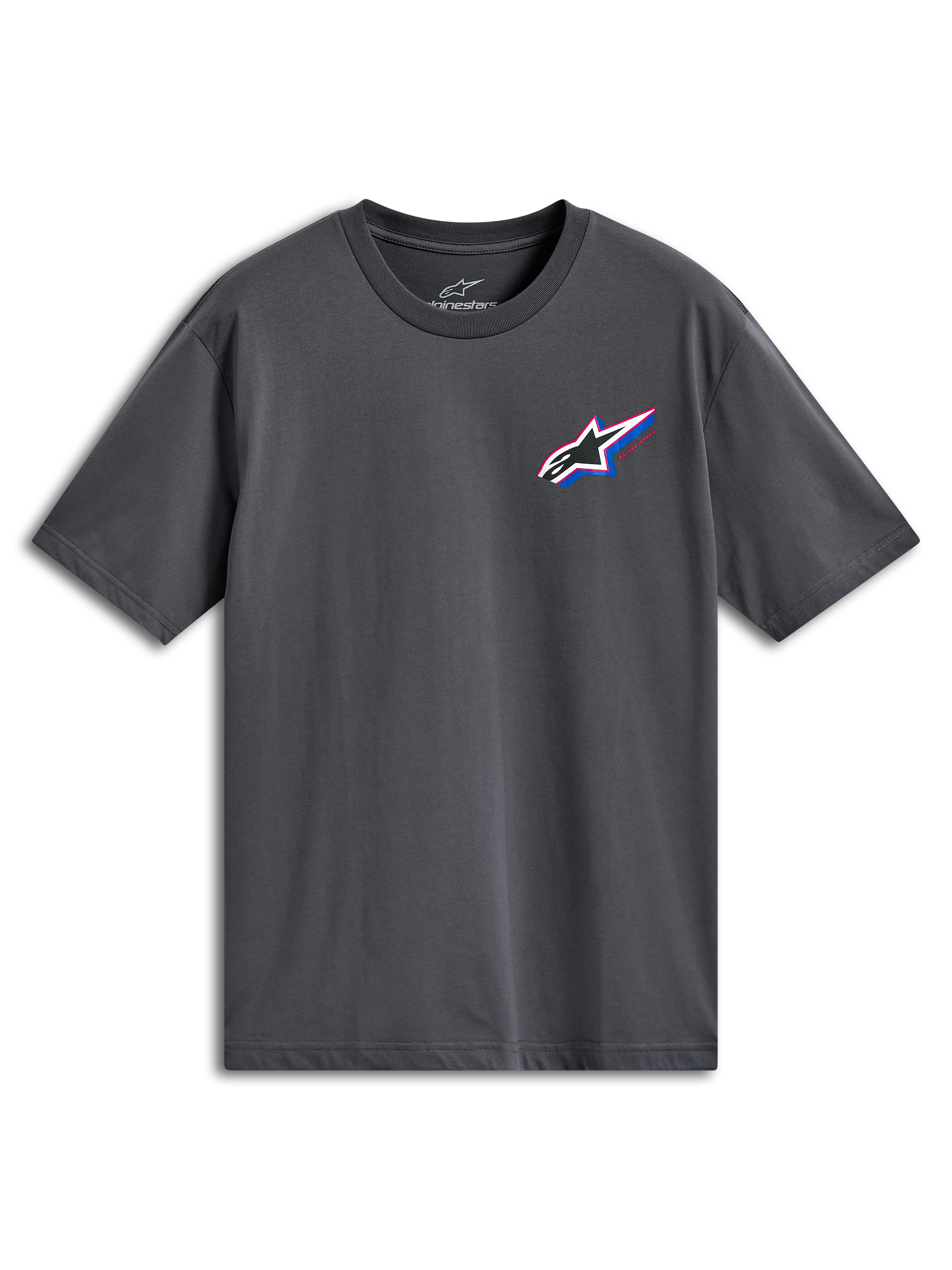 Alpinestars Angler CSF Tee, Kurzarm-T-Shirt, Anthrazitgrau, mehrfarbiges Astars-Logo auf der linken Brust mit roten und blauen Akzenten, Casual Motorsport Streetwear