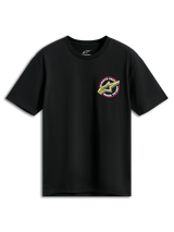 Alpinestars Aorbit CSF Tee, Kurzarm-T-Shirt, Schwarz, pinkfarbenes und gelbes Astars-Logo mit „Always Fast Made to Last“-Grafik, lässige Motorsport-Sportbekleidung