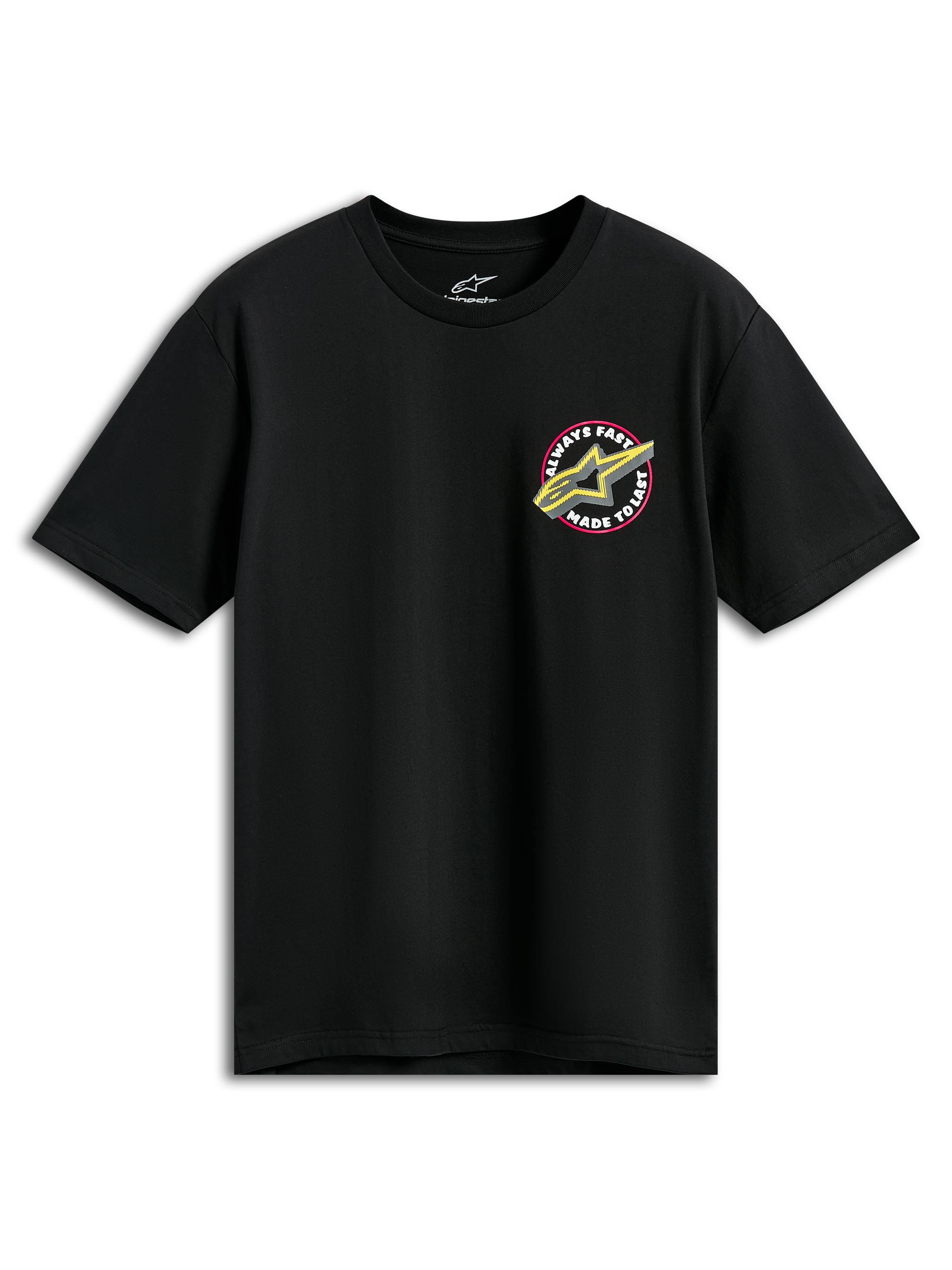 Alpinestars Aorbit CSF Tee, Kurzarm-T-Shirt, Schwarz, pinkfarbenes und gelbes Astars-Logo mit „Always Fast Made to Last“-Grafik, lässige Motorsport-Sportbekleidung