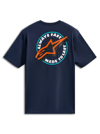 Alpinestars Aorbit CSF Tee, Short Sleeve T-Shirt, Navy Blue, Back View featuring Always Fast Made to Last circular graphic with orange and black star logo, Casual Motorsport Streetwear