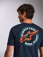 Alpinestars Aorbit CSF Tee, Short Sleeve T-Shirt, Navy, back view featuring Always Fast Made to Last graphic with orange star logo, casual motorsport streetwear