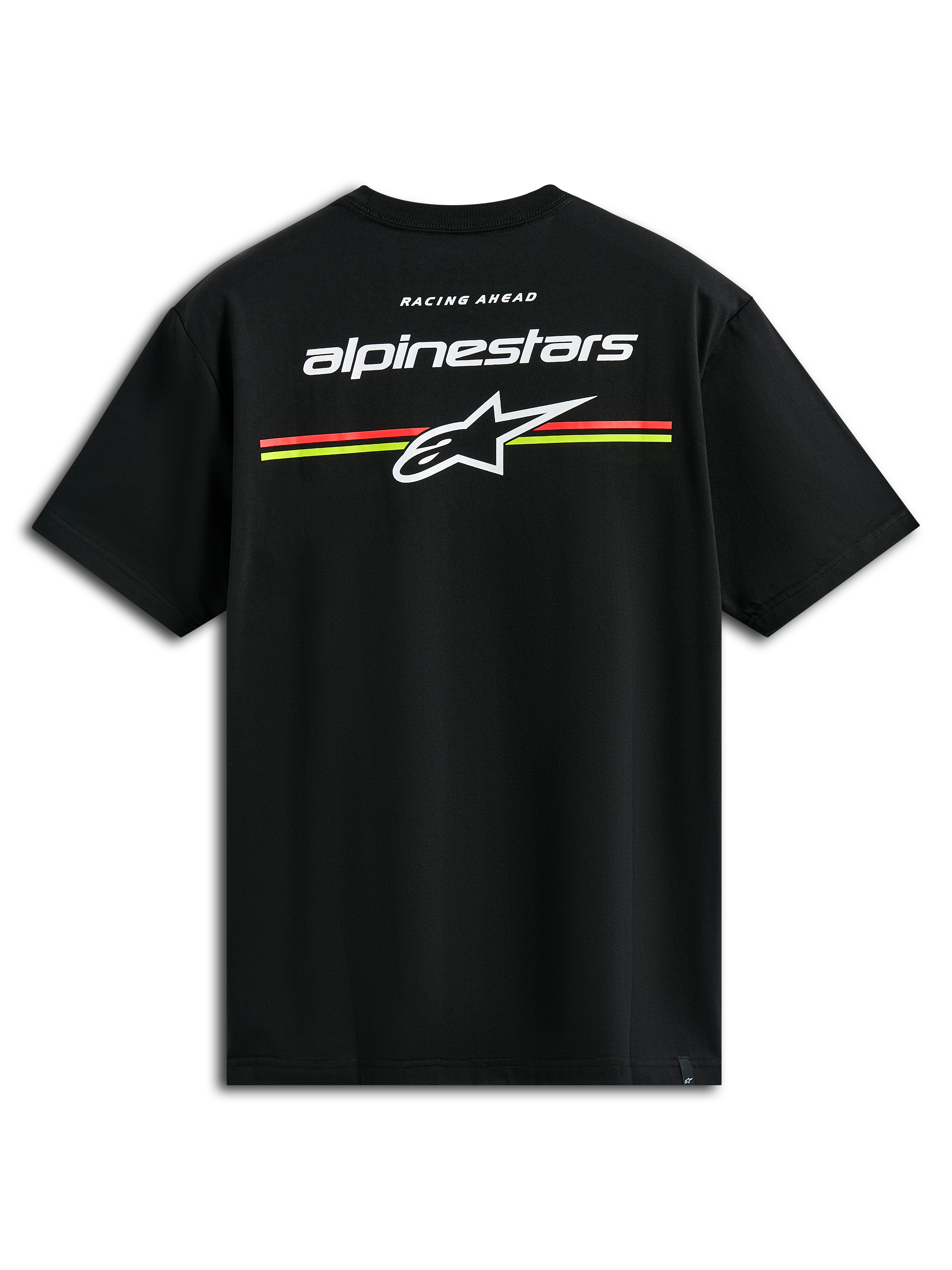 Alpinestars Lanes CSF Tee, Short Sleeve T-Shirt, Black, White Alpinestars and Astars logos with orange and yellow horizontal stripes on the back, Casual Motorsport Streetwear