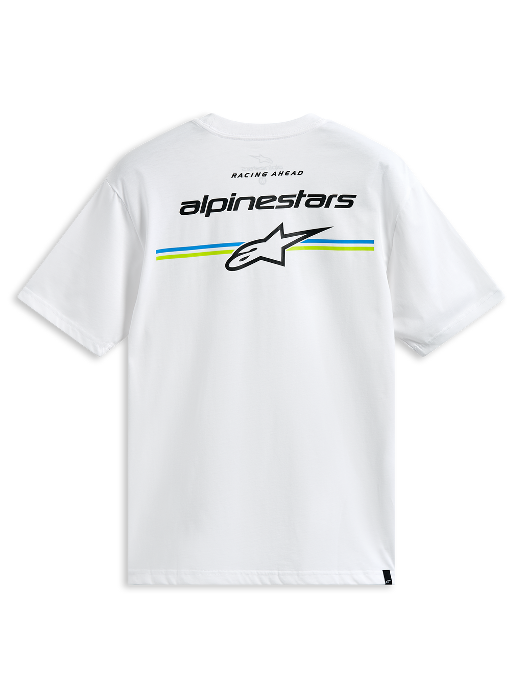 Alpinestars Lanes CSF Tee, kurzärmeliges T-Shirt, Weiß, mit Alpinestars-Schriftzug und Astars-Logo über blauen und lindgrünen Streifen auf der Rückseite, Casual Motorsport Streetwear