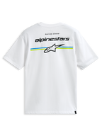 Alpinestars Lanes CSF Tee, kurzärmeliges T-Shirt, Weiß, mit Alpinestars-Schriftzug und Astars-Logo über blauen und lindgrünen Streifen auf der Rückseite, Casual Motorsport Streetwear