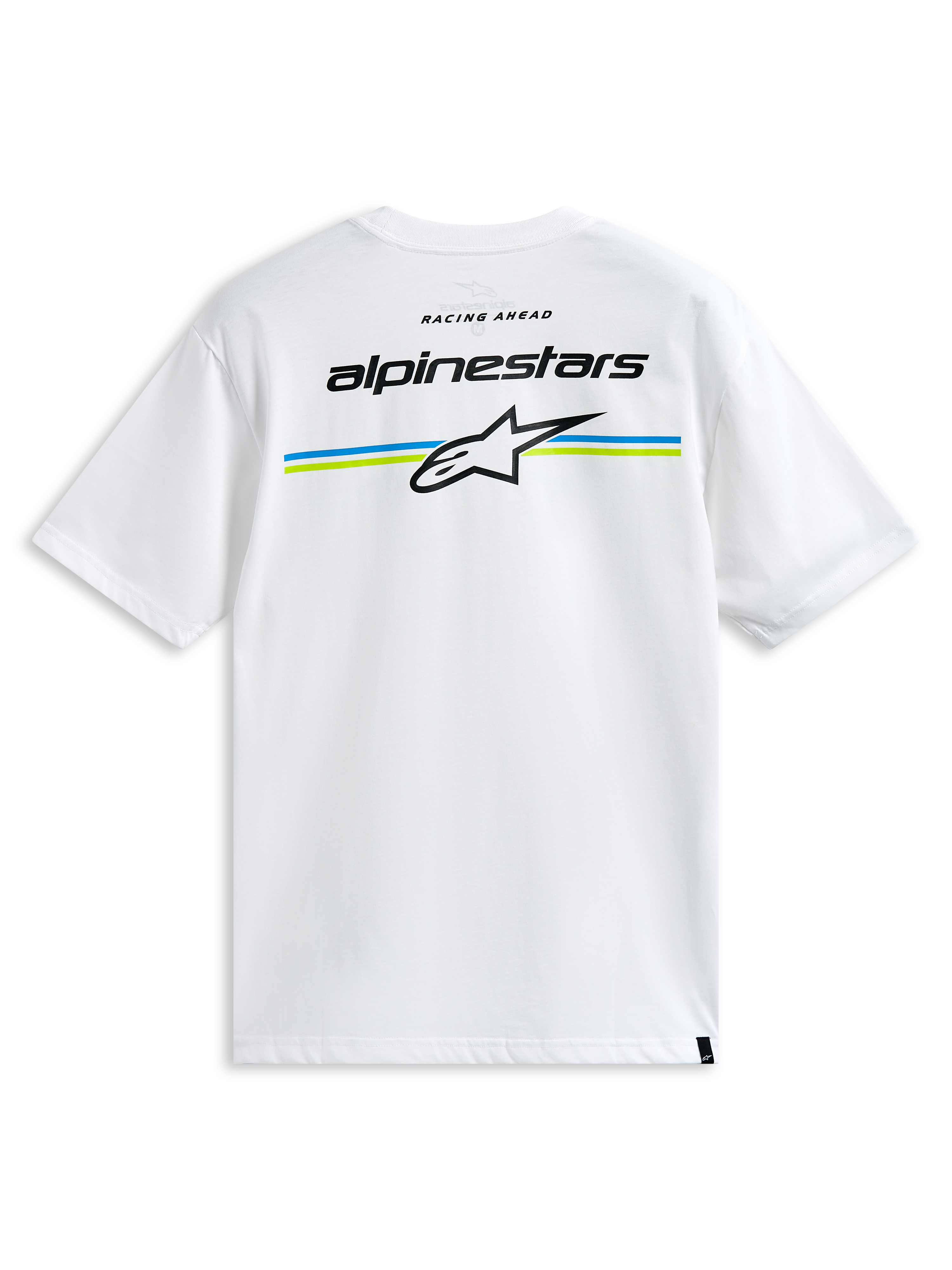 Alpinestars Lanes CSF Tee, kurzärmeliges T-Shirt, Weiß, mit Alpinestars-Schriftzug und Astars-Logo über blauen und lindgrünen Streifen auf der Rückseite, Casual Motorsport Streetwear