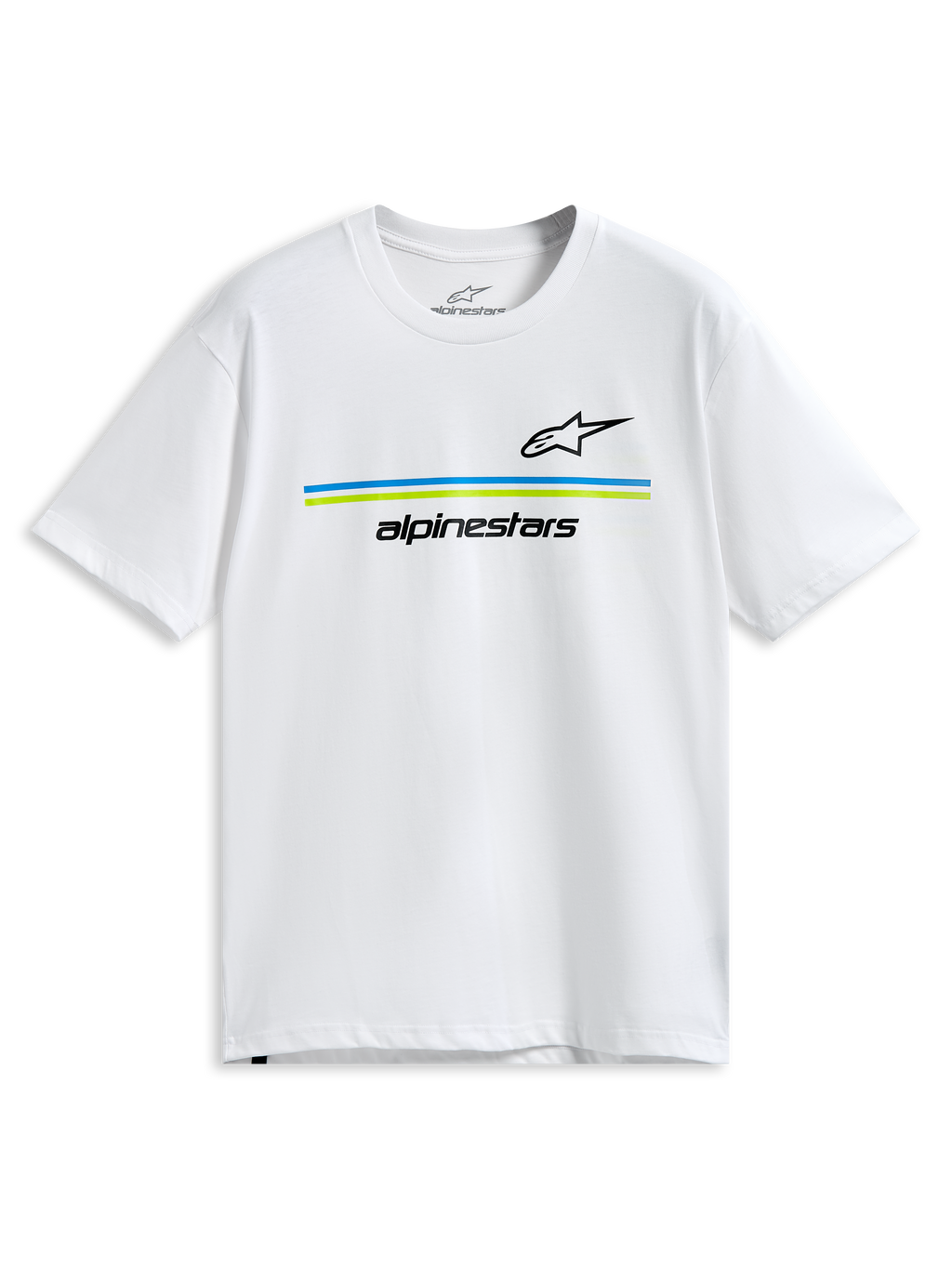 Alpinestars Lanes CSF Tee, Kurzarm-T-Shirt, Weiß, schwarze Astars- und Alpinestars-Logos mit blauen und limettengrünen horizontalen Streifen, Casual Motorsport Sportbekleidung