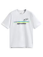 Alpinestars Lanes CSF Tee, Kurzarm-T-Shirt, Weiß, schwarze Astars- und Alpinestars-Logos mit blauen und limettengrünen horizontalen Streifen, Casual Motorsport Sportbekleidung