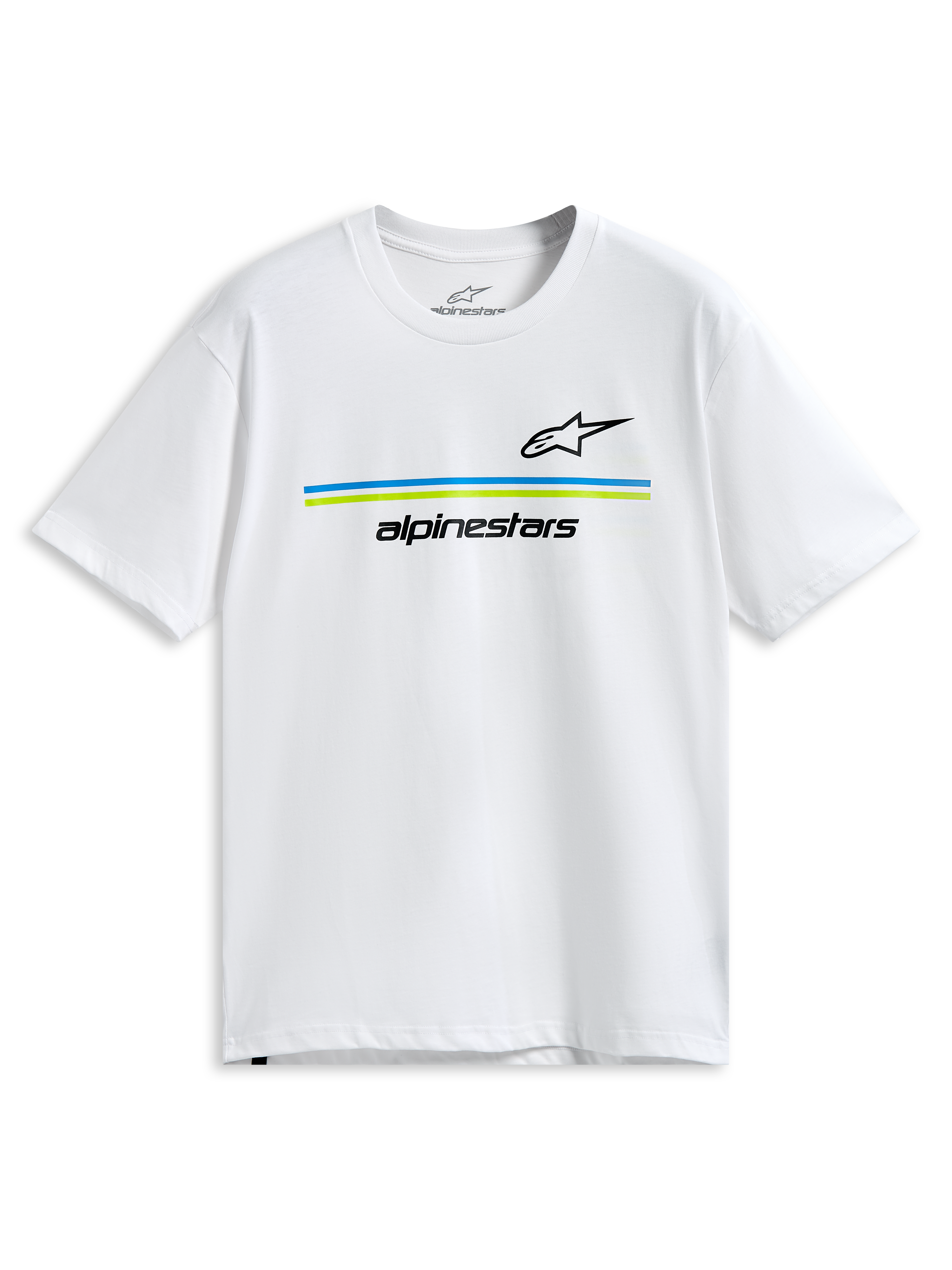 Alpinestars Lanes CSF Tee, Kurzarm-T-Shirt, Weiß, schwarze Astars- und Alpinestars-Logos mit blauen und limettengrünen horizontalen Streifen, Casual Motorsport Sportbekleidung