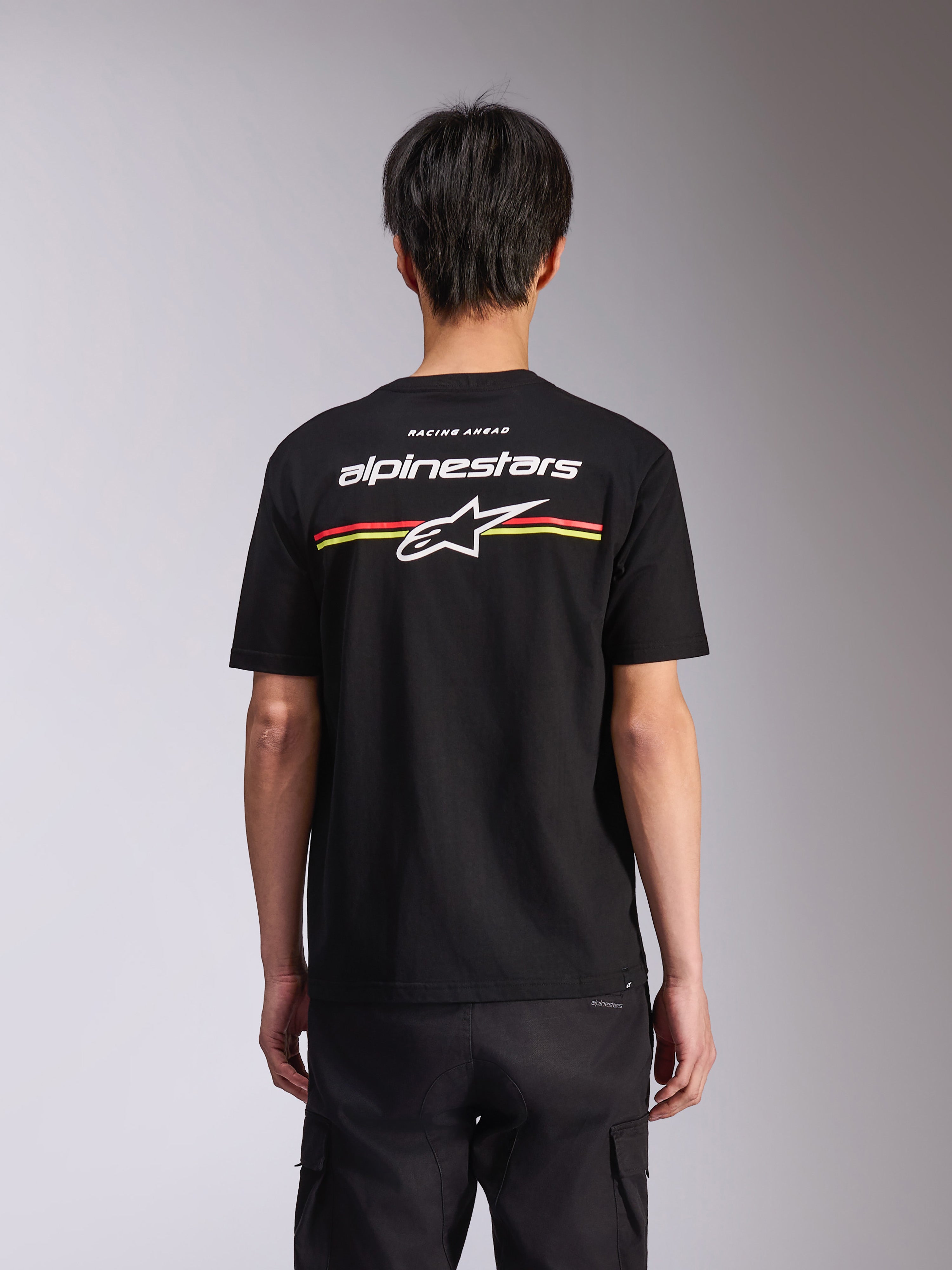 Alpinestars Lanes CSF Tee, Short Sleeve T-Shirt, Black, back view featuring white Alpinestars logo and Astars star with red and yellow stripes, Casual Motorsport Streetwear