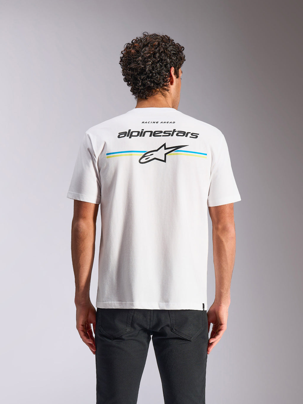 Alpinestars Lanes CSF Tee, Kurzarm-T-Shirt, Weiß, Rückansicht mit mehrfarbigen Streifen sowie Alpinestars- und Astars-Logos, lässige Motorsport-Streetwear