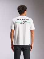 Alpinestars Lanes CSF Tee, Kurzarm-T-Shirt, Weiß, Rückansicht mit mehrfarbigen Streifen sowie Alpinestars- und Astars-Logos, lässige Motorsport-Streetwear