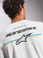 Alpinestars Lanes CSF Tee, Kurzarm-T-Shirt, Weiß, Rückengrafik mit Alpinestars-Schriftzug und Astars-Logo über blauen und gelben Streifen, lässige Motorsport-inspirierte Streetwear