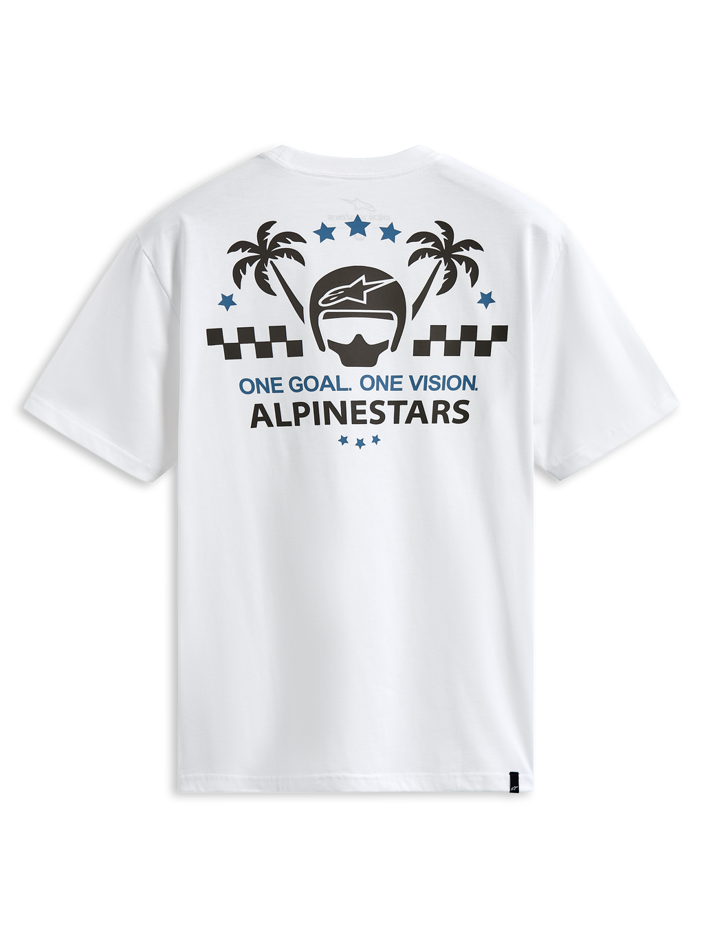 Alpinestars Order CSF Tee, Short Sleeve T-Shirt, White, Back Graphic with Helmet and Palm Trees, One Goal One Vision Text, Casual Motorsport Streetwear