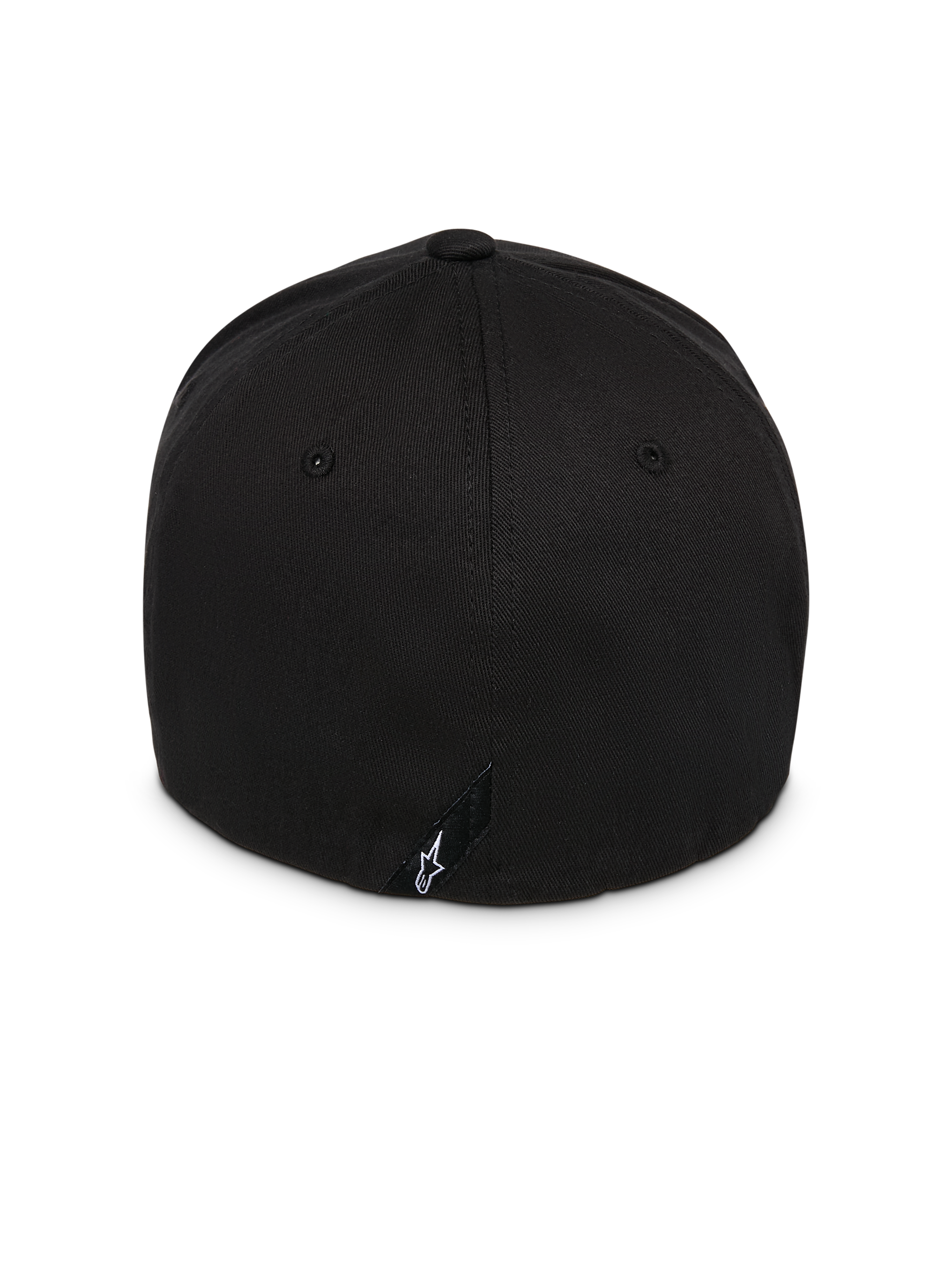 Alpinestars Instinct Hat, Black, back view showing structured crown and flex-back design, featuring a small black label with white Astars logo, durable twill fabric, casual motorsport-inspired headwear