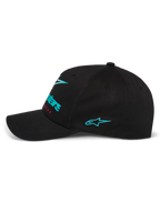 Alpinestars Instinct Hat, side profile of black baseball cap, featuring a teal embroidered Astars logo on the side and gradient front branding, curved bill with structured crown, casual motorsport streetwear