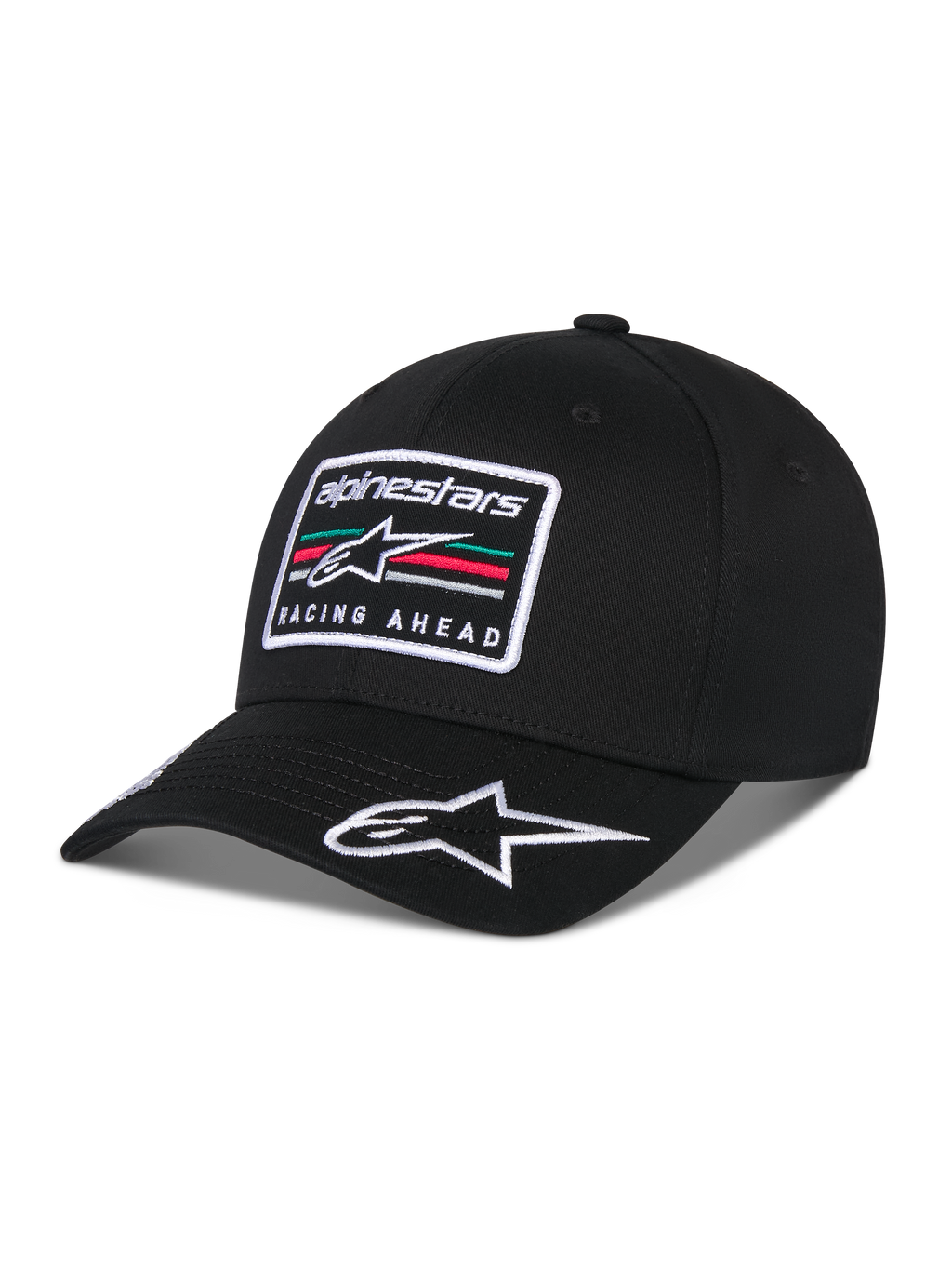 Alpinestars Surpass Kappe, Baseball-Kappe mit gebogenem Schirm, Schwarz, mit rechteckigem, besticktem Front-Patch mit Astars-Logo und „Racing Ahead“-Schriftzug, weiß gesticktem Logo auf dem Schirm, strukturierter Krone und Twill-Gewebe für lässige, vom Motorsport inspirierte Streetwear.