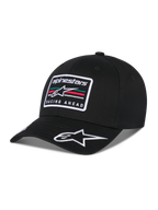 Alpinestars Surpass Kappe, Baseball-Kappe mit gebogenem Schirm, Schwarz, mit rechteckigem, besticktem Front-Patch mit Astars-Logo und „Racing Ahead“-Schriftzug, weiß gesticktem Logo auf dem Schirm, strukturierter Krone und Twill-Gewebe für lässige, vom Motorsport inspirierte Streetwear.