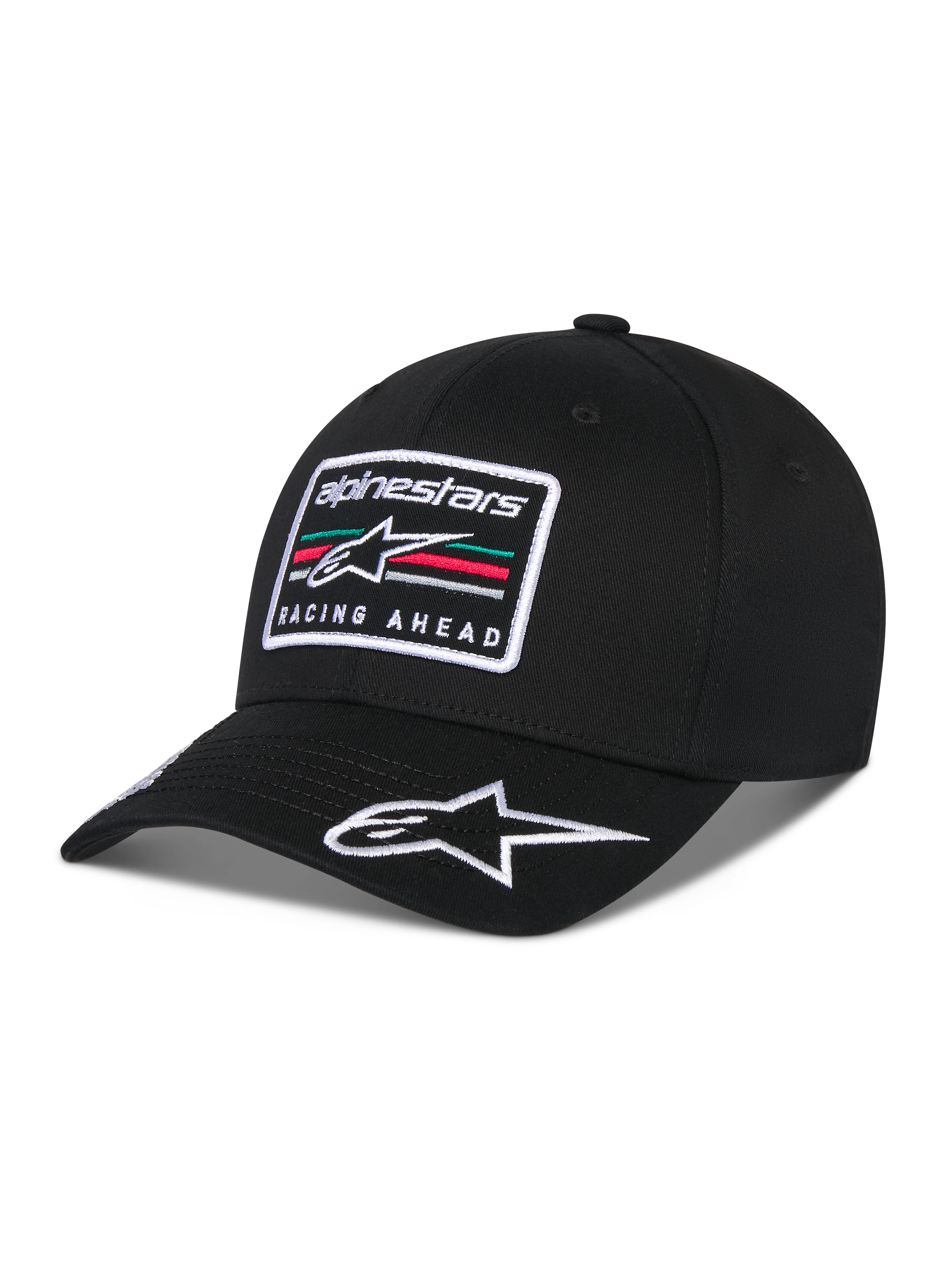 Alpinestars Surpass Kappe, Baseball-Kappe mit gebogenem Schirm, Schwarz, mit rechteckigem, besticktem Front-Patch mit Astars-Logo und „Racing Ahead“-Schriftzug, weiß gesticktem Logo auf dem Schirm, strukturierter Krone und Twill-Gewebe für lässige, vom Motorsport inspirierte Streetwear.