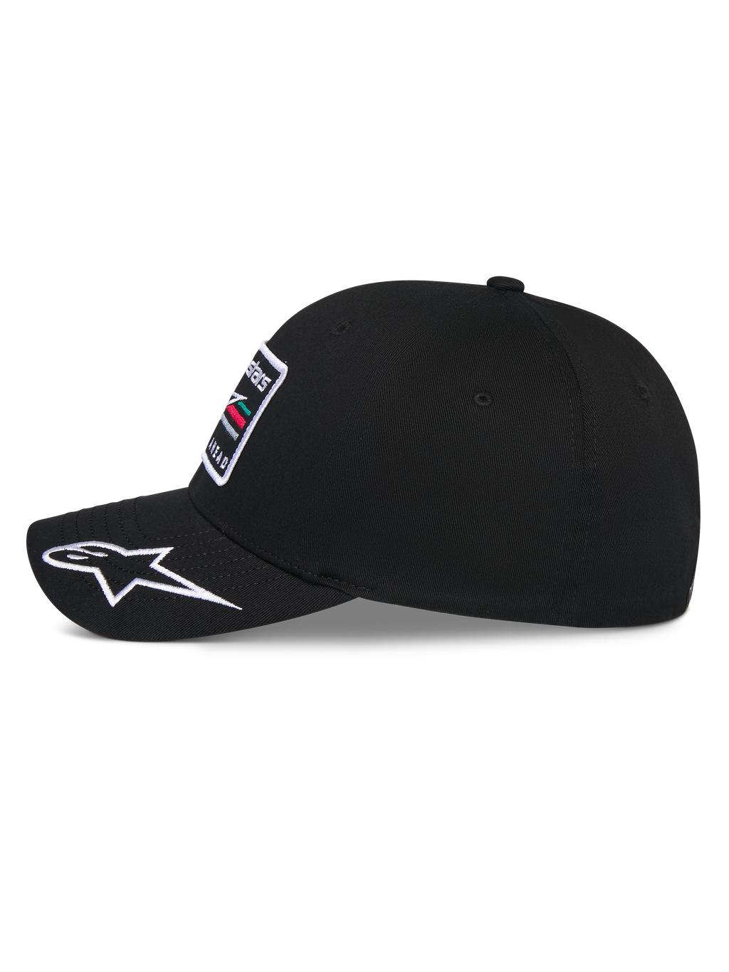 Alpinestars Surpass Kappe, Baseball-Cap, Schwarz, Seitenansicht mit gebogenem Schirm und weißem besticktem Astars-Logo, strukturierte Krone mit Stickerei-Patch auf der Vorderseite, lässige, vom Motorsport inspirierte Kopfbedeckung