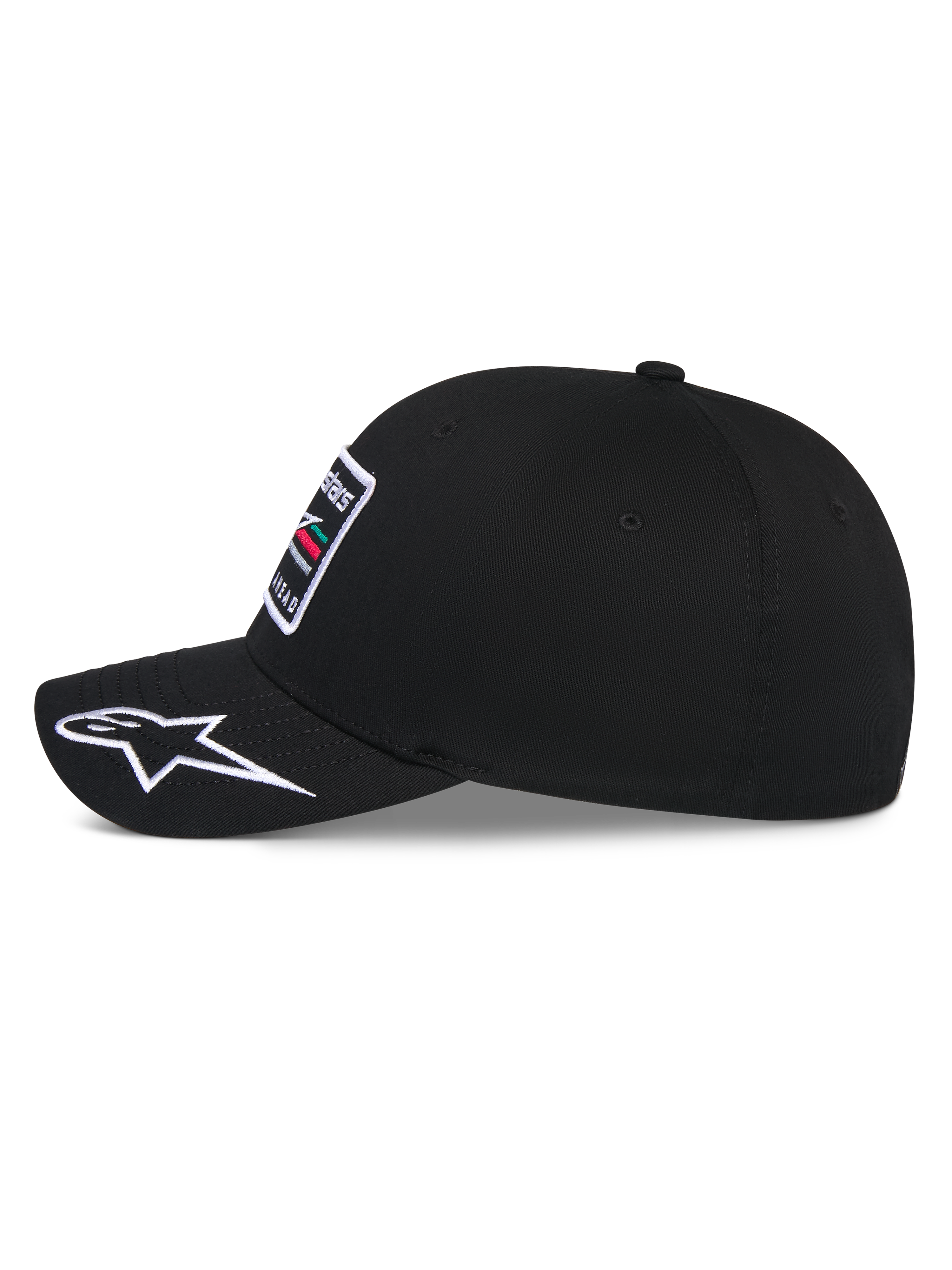 Alpinestars Surpass Kappe, Baseball-Cap, Schwarz, Seitenansicht mit gebogenem Schirm und weißem besticktem Astars-Logo, strukturierte Krone mit Stickerei-Patch auf der Vorderseite, lässige, vom Motorsport inspirierte Kopfbedeckung