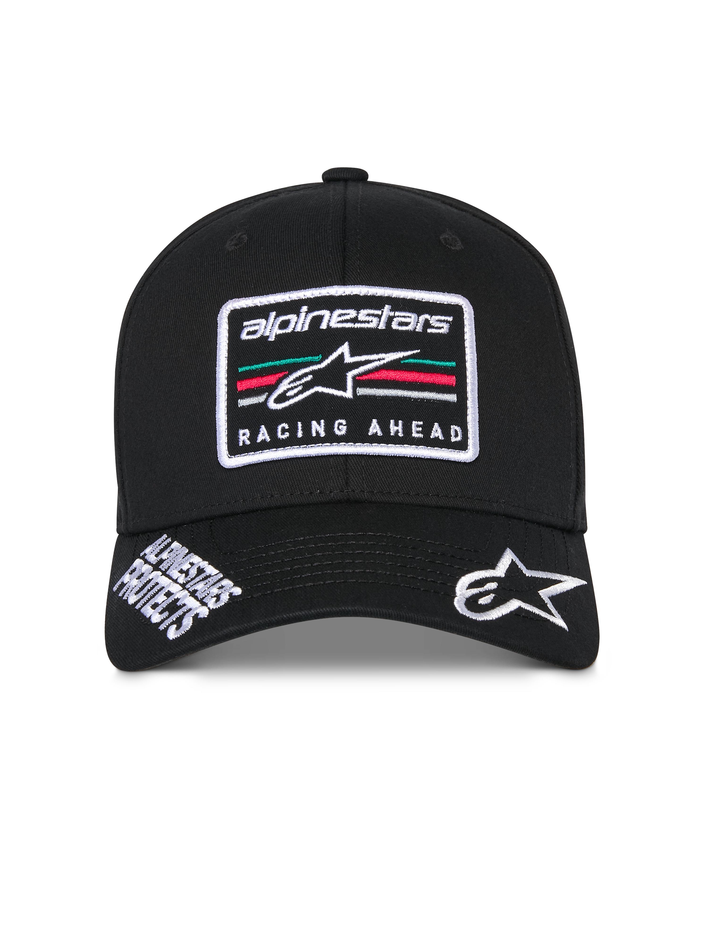 Alpinestars Surpass Kappe, schwarze strukturierte Baseballkappe, gebogener Schirm mit weiß gesticktem Astars-Logo und 'Alpinestars Protects'-Schriftzug, 'Racing Ahead'-Logo-Patch vorne mit mehrfarbigen Streifen, lässige vom Motorsport inspirierte Kopfbedeckung