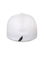 Alpinestars Surpass Hat, White, back view of flex-back baseball cap, structured crown, featuring a small black diagonal Alpinestars logo tag at the bottom edge, casual sportswear