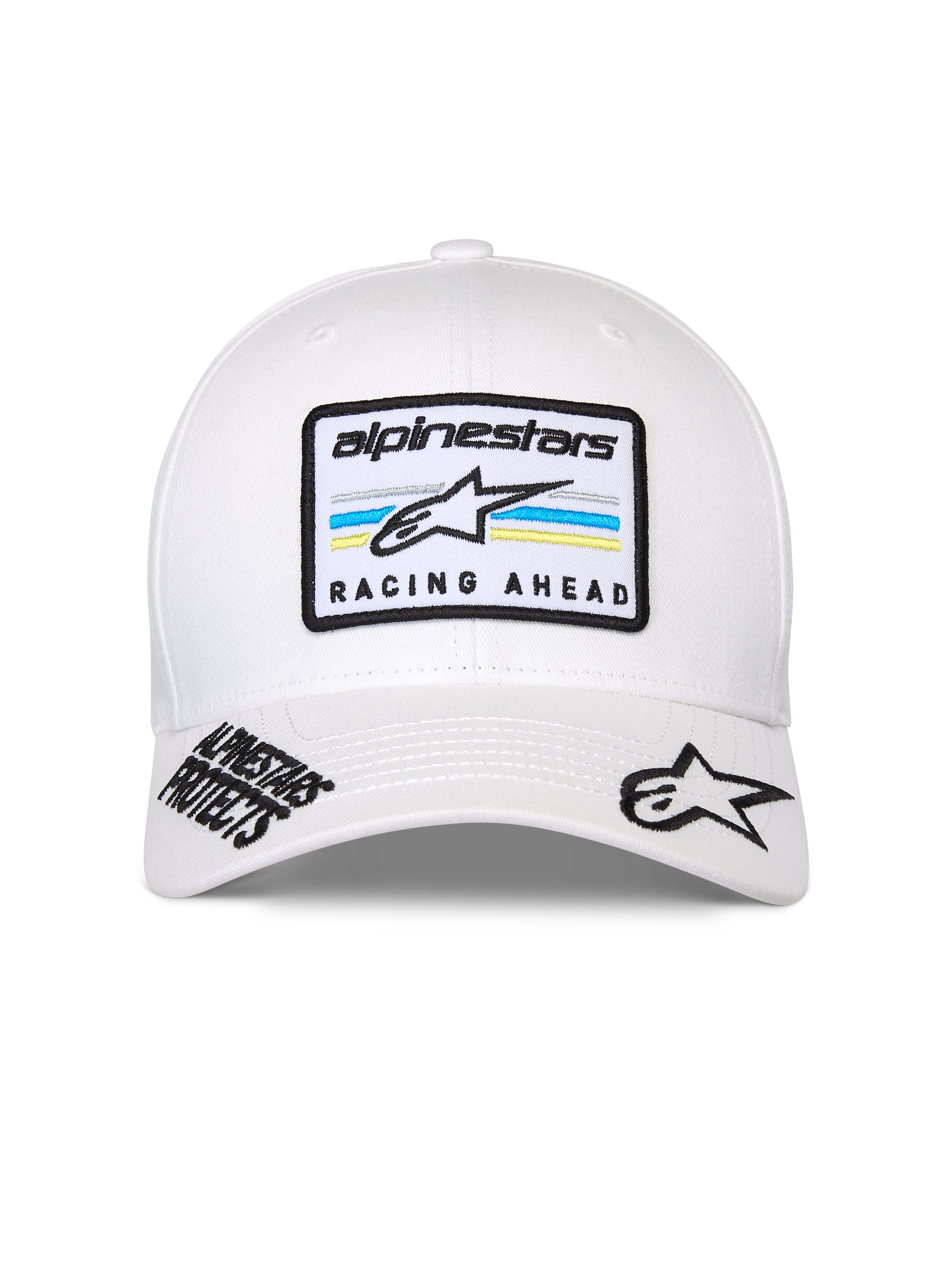Alpinestars Surpass Hat, White Baseball Cap, curved bill with structured crown, front central patch with 'alpinestars' branding and 'RACING AHEAD' text over blue and yellow stripes, black embroidered logos on the brim, casual motorsport headwear